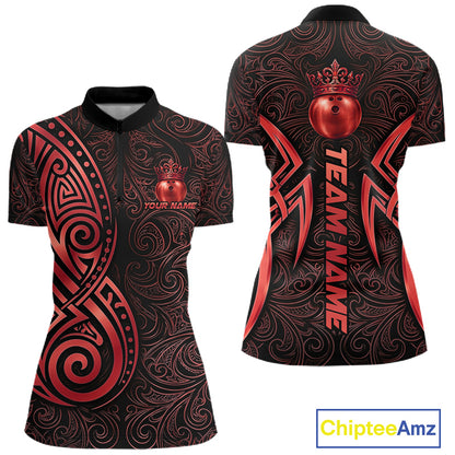 Black And Red Crown Bowling Ball Polo & 1/4-Zip Shirts For Men Custom Tribal Bowling Team Jerseys NYN4479