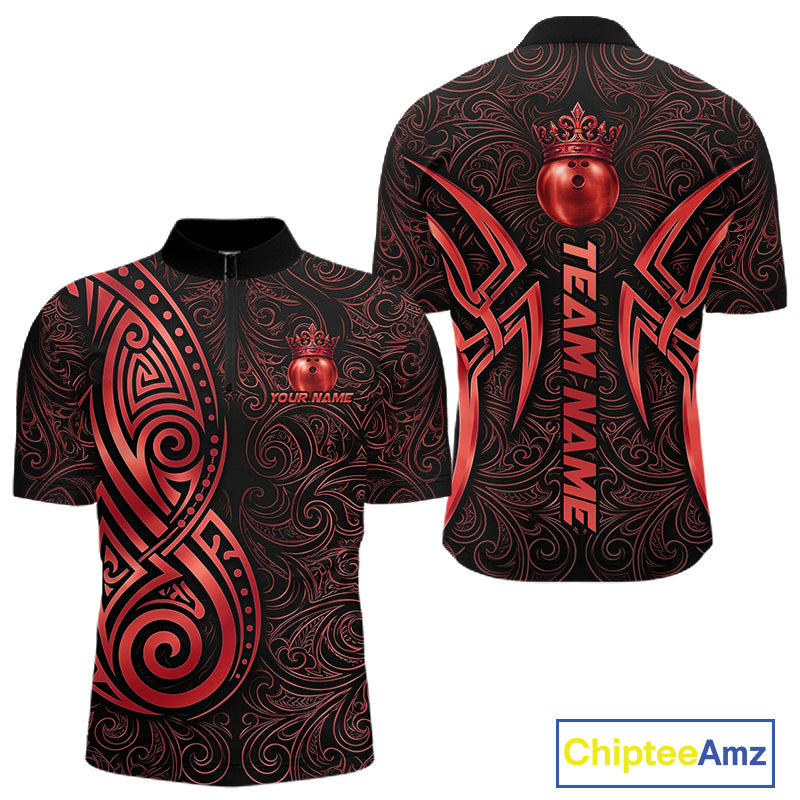 Black And Red Crown Bowling Ball Polo & 1/4-Zip Shirts For Women Custom Tribal Bowling Team Jerseys NYN4479