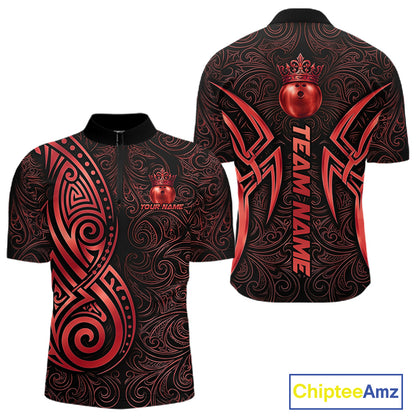 Black And Red Crown Bowling Ball Polo & 1/4-Zip Shirts For Women Custom Tribal Bowling Team Jerseys NYN4479