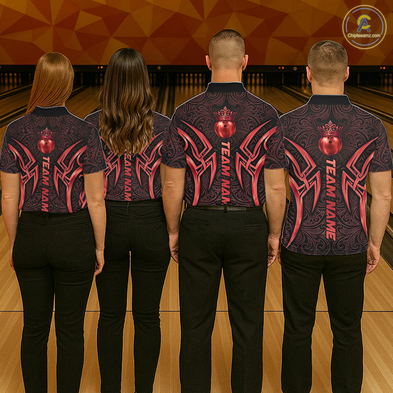 Black And Red Crown Bowling Ball Polo & 1/4-Zip Shirts For Women Custom Tribal Bowling Team Jerseys NYN4479