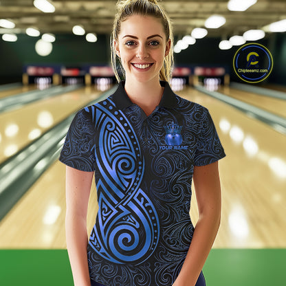 Black And Blue Crown Bowling Ball Polo & 1/4-Zip Shirts For Men Custom Tribal Bowling Team Jerseys NYN4480