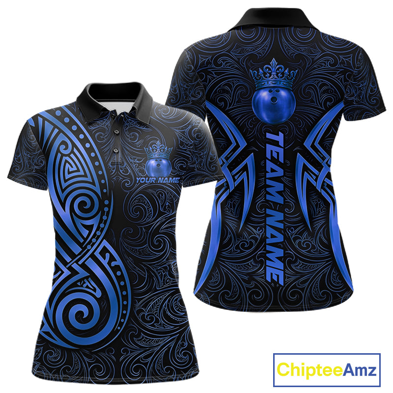 Black And Blue Crown Bowling Ball Polo & 1/4-Zip Shirts For Men Custom Tribal Bowling Team Jerseys NYN4480