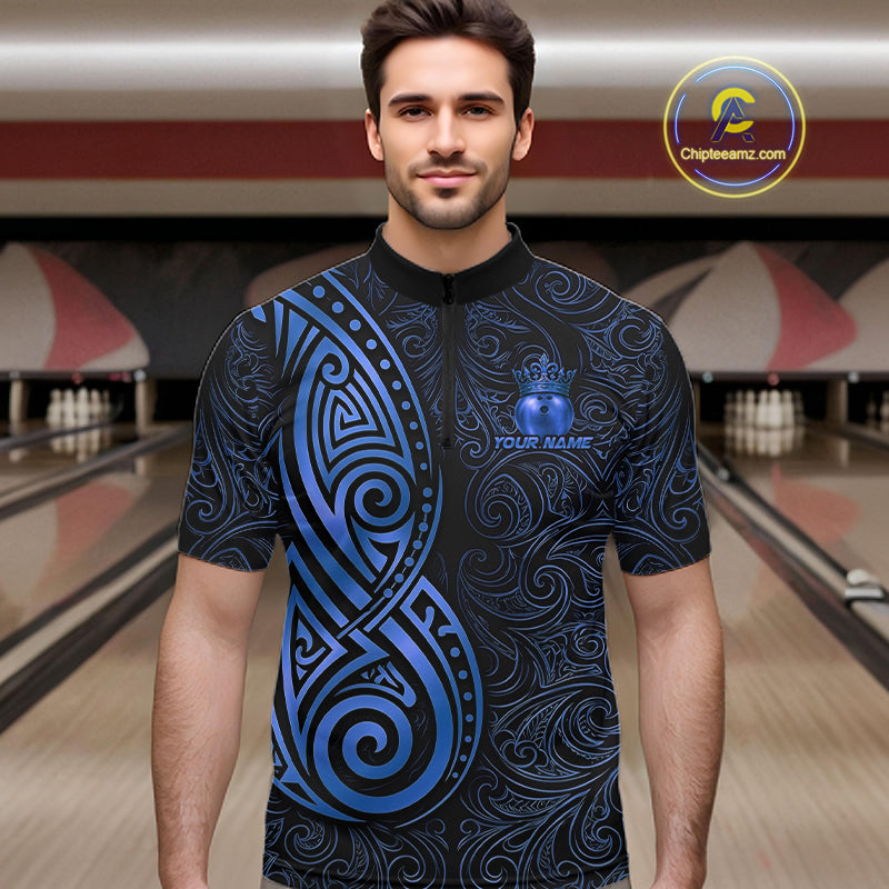 Black And Blue Crown Bowling Ball Polo & 1/4-Zip Shirts For Women Custom Tribal Bowling Team Jerseys NYN4480