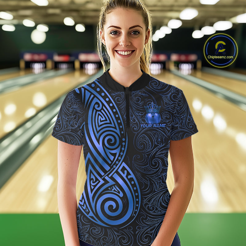 Black And Blue Crown Bowling Ball Polo & 1/4-Zip Shirts For Men Custom Tribal Bowling Team Jerseys NYN4480