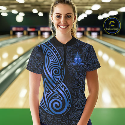 Black And Blue Crown Bowling Ball Polo & 1/4-Zip Shirts For Men Custom Tribal Bowling Team Jerseys NYN4480