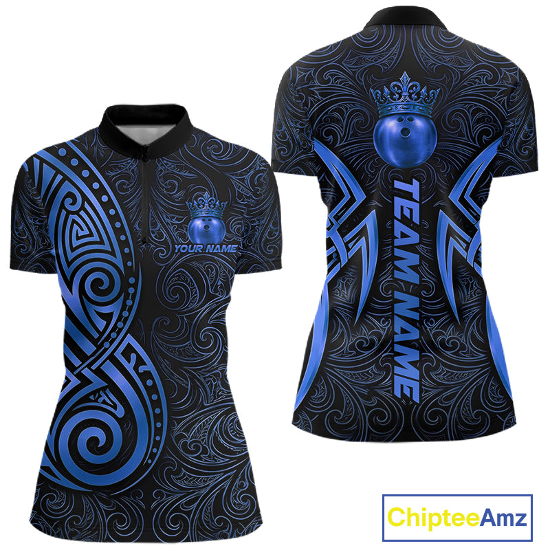 Black And Blue Crown Bowling Ball Polo & 1/4-Zip Shirts For Men Custom Tribal Bowling Team Jerseys NYN4480