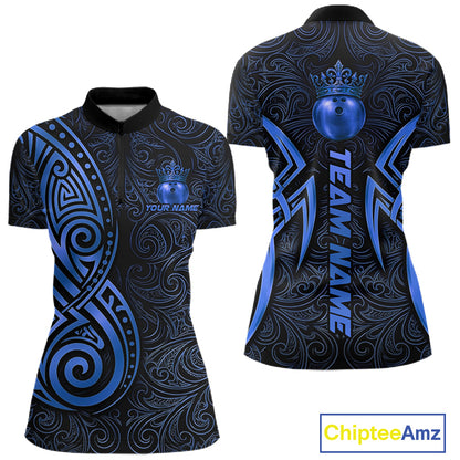 Black And Blue Crown Bowling Ball Polo & 1/4-Zip Shirts For Men Custom Tribal Bowling Team Jerseys NYN4480
