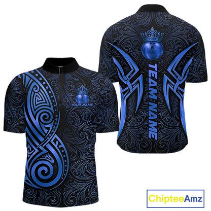 Black And Blue Crown Bowling Ball Polo & 1/4-Zip Shirts For Women Custom Tribal Bowling Team Jerseys NYN4480