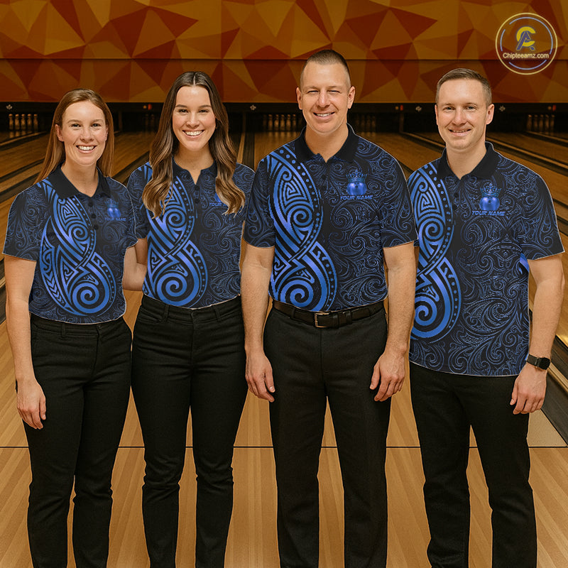 Black And Blue Crown Bowling Ball Polo & 1/4-Zip Shirts For Women Custom Tribal Bowling Team Jerseys NYN4480