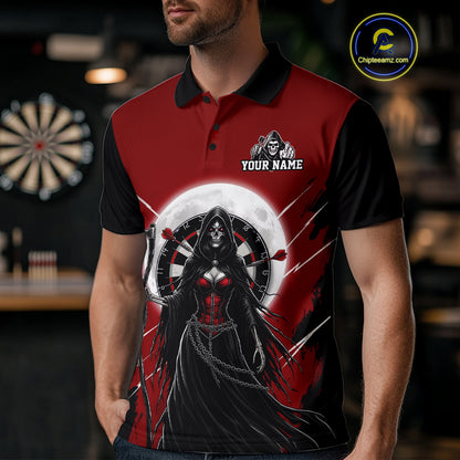 Black And Red Grim Reaper Moon Dartboard Custom Men Darts Polo Shirt Gothic Dart Jerseys NYN1947