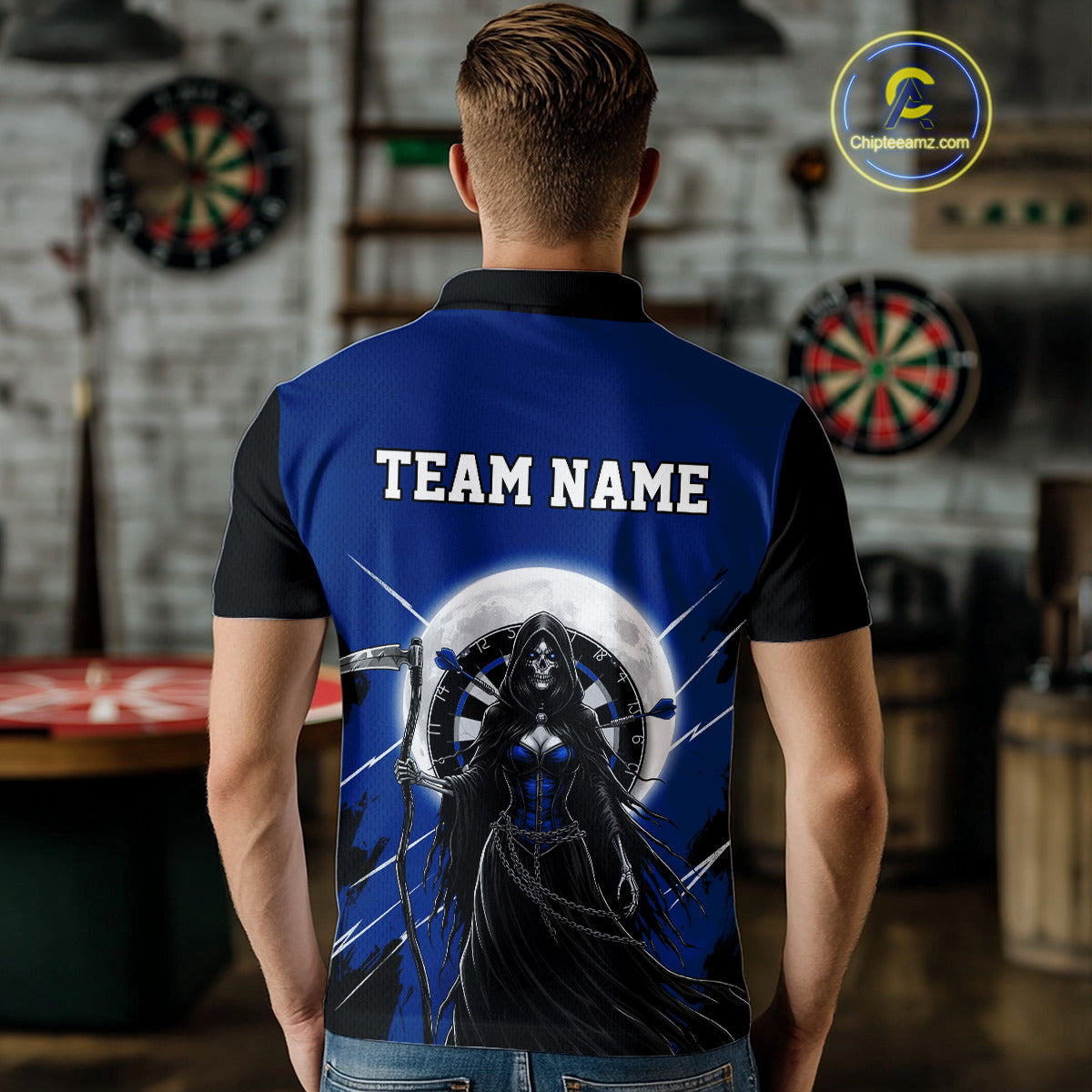 Black And Blue Grim Reaper Moon Dartboard Custom Men Darts Polo Shirt Gothic Dart Jerseys NYN1948
