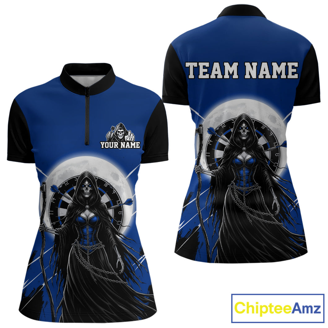 Black And Blue Grim Reaper Moon Dartboard Custom Women Darts Quarter-Zip  Shirt Gothic Dart Jerseys NYN1948