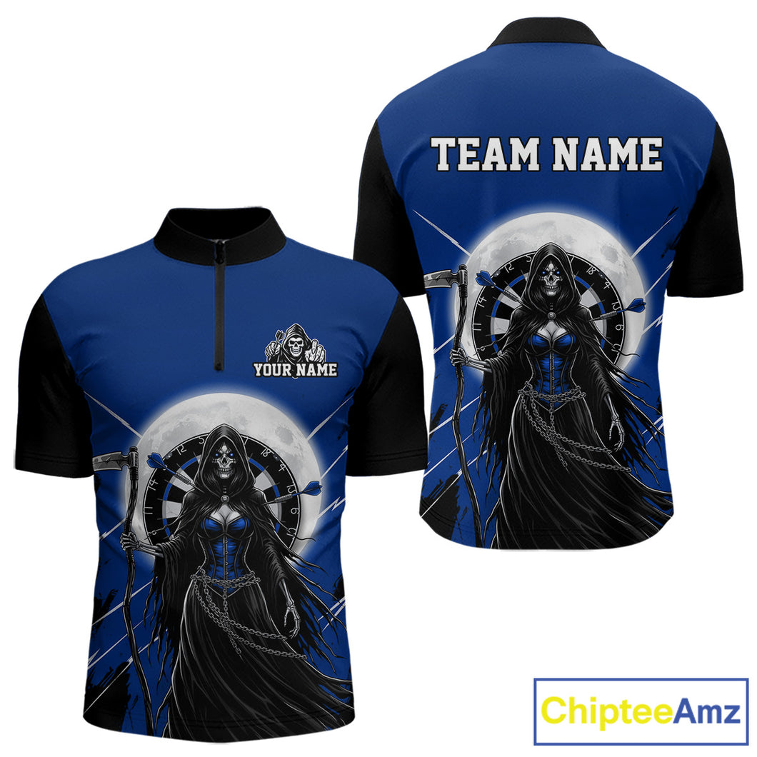 Black And Blue Grim Reaper Moon Dartboard Custom Men Darts Quarter-Zip Shirt Gothic Dart Jerseys NYN1948
