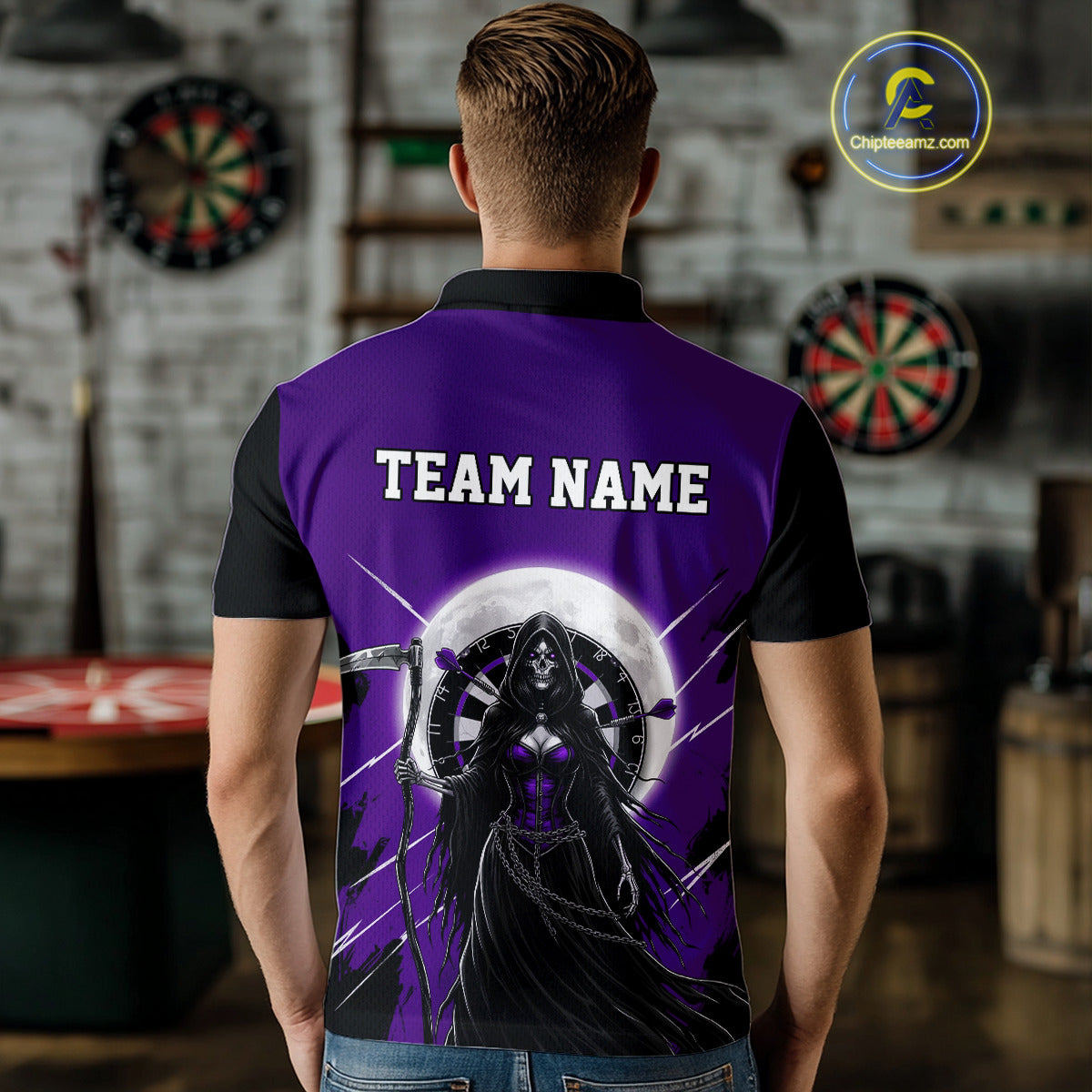 Black And Purple Grim Reaper Moon Dartboard Custom Men Darts Polo Shirt Gothic Dart Jerseys NYN1949
