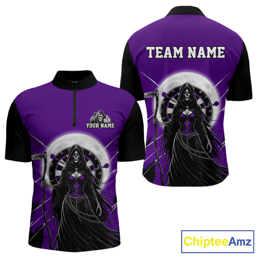 Black And Purple Grim Reaper Moon Dartboard Custom Men Darts Quarter-Zip Shirt Gothic Dart Jerseys NYN1949