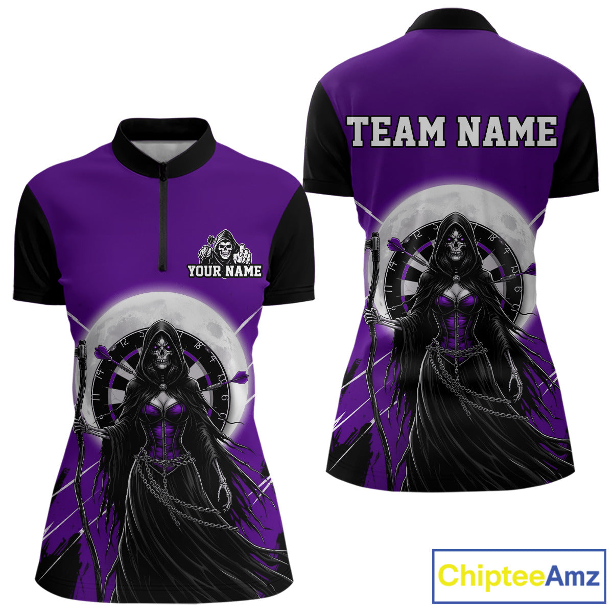 Black And Purple Grim Reaper Moon Dartboard Custom Women Darts Quarter-Zip Shirt Gothic Dart Jerseys NYN1949