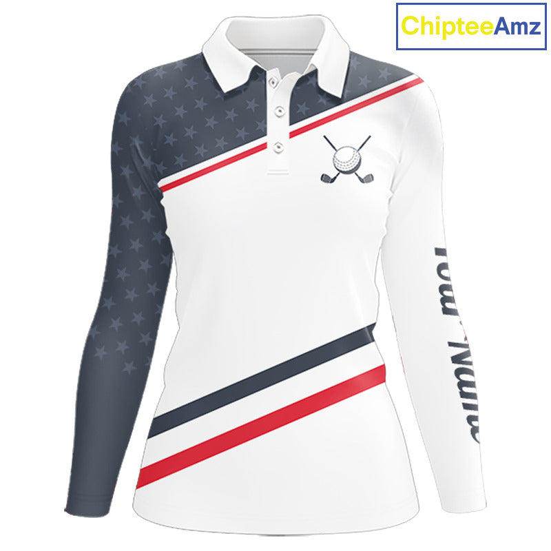 Womens Golf Polo Shirt Custom American Flag White Golf Shirt Patriotic Polo Team Clothing Attire NYN2852