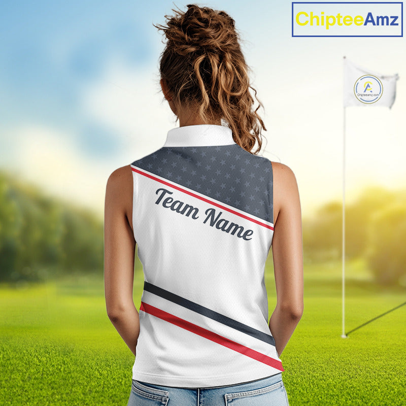 Womens Golf Sleeveless Polo Shirt Custom American Flag White Golf Shirt Patriotic Polo Team Clothing Attire NYN2852