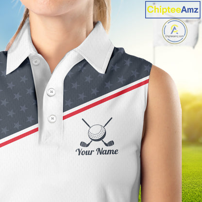 Womens Golf Sleeveless Polo Shirt Custom American Flag White Golf Shirt Patriotic Polo Team Clothing Attire NYN2852
