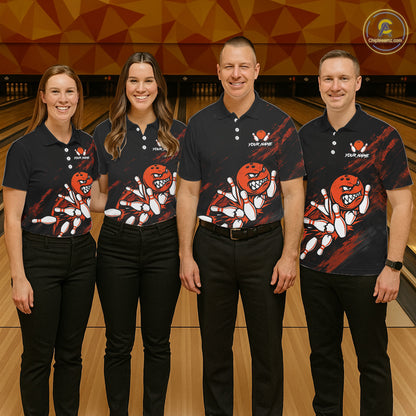 Men women bowling team wearing Funny Angry Bowling Ball custom bowling uniforms and tournament team jerseys
