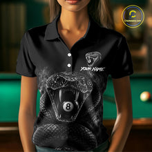 Load image into Gallery viewer, Female billiards player wearing Grey Smokes Cobra 8 ball pool jersey during APA league tournament competition, personalized billiard apparel
