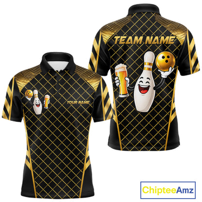 Personalized Funny Beer Bowling Shirt For Women Gold Bowling Pin & Ball Polo 1/4-Zip Team Shirt NYN4506