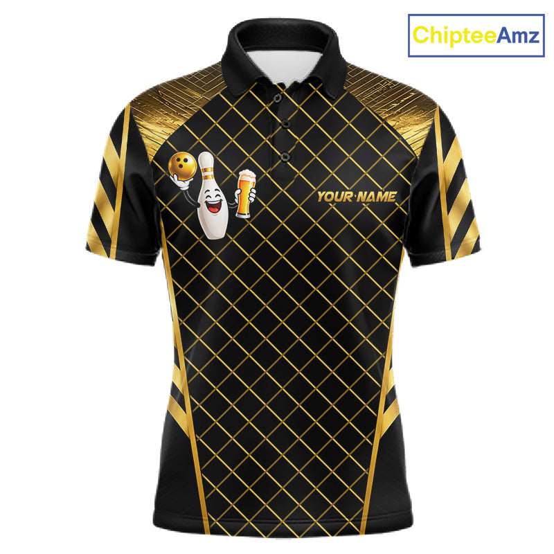 Personalized Funny Beer Bowling Shirt For Women Gold Bowling Pin & Ball Polo 1/4-Zip Team Shirt NYN4506