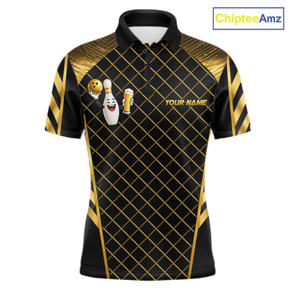 Personalized Funny Beer Bowling Shirt For Women Gold Bowling Pin & Ball Polo 1/4-Zip Team Shirt NYN4506