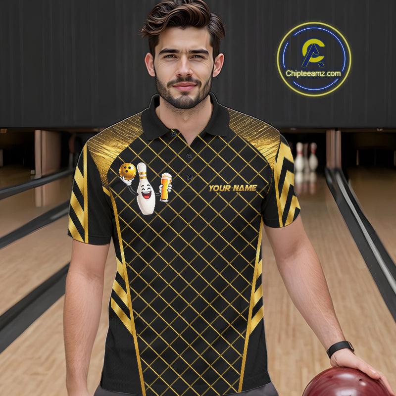 Personalized Funny Beer Bowling Shirt For Women Gold Bowling Pin & Ball Polo 1/4-Zip Team Shirt NYN4506