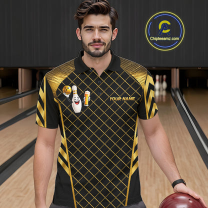 Personalized Funny Beer Bowling Shirt For Women Gold Bowling Pin & Ball Polo 1/4-Zip Team Shirt NYN4506