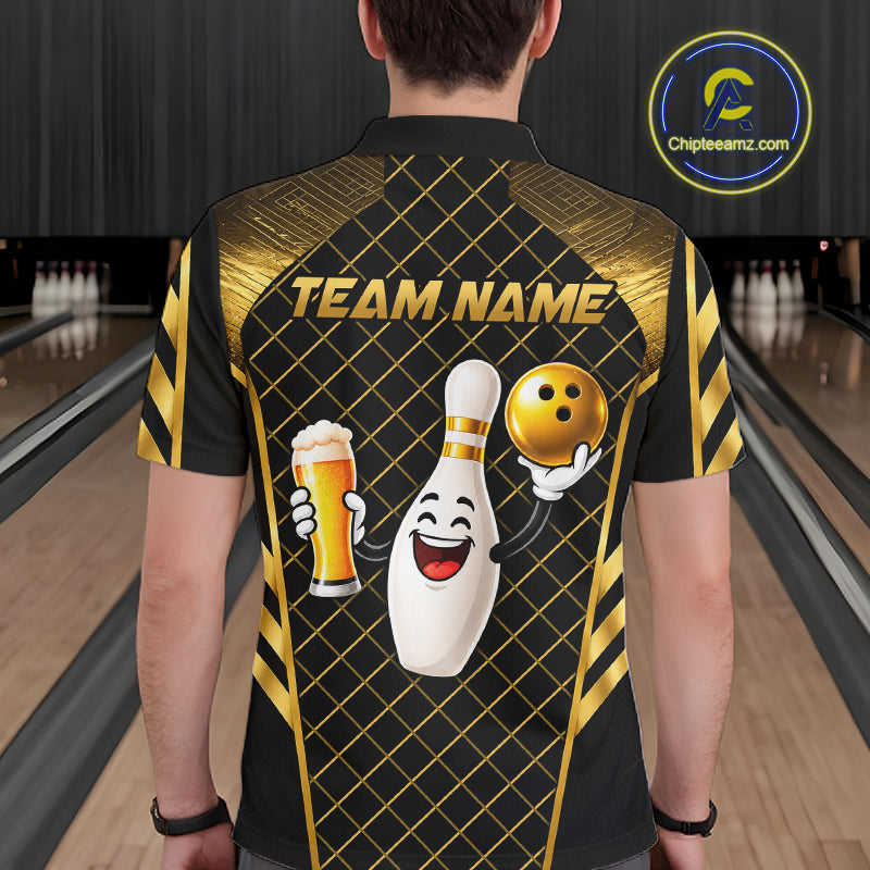 Personalized Funny Beer Bowling Shirt For Women Gold Bowling Pin & Ball Polo 1/4-Zip Team Shirt NYN4506