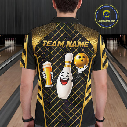 Personalized Funny Beer Bowling Shirt For Women Gold Bowling Pin & Ball Polo 1/4-Zip Team Shirt NYN4506