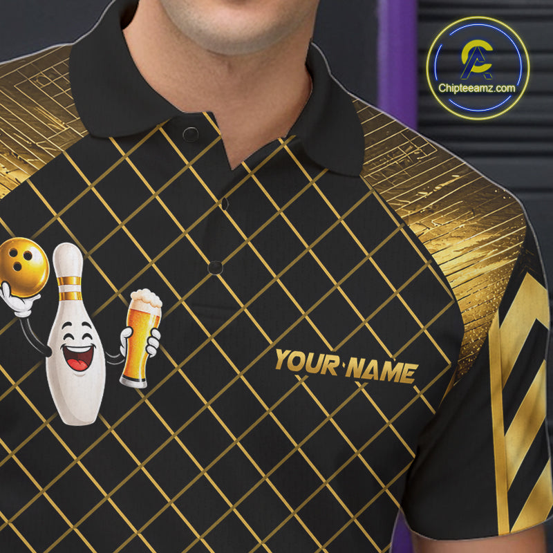 Personalized Funny Beer Bowling Shirt For Women Gold Bowling Pin & Ball Polo 1/4-Zip Team Shirt NYN4506