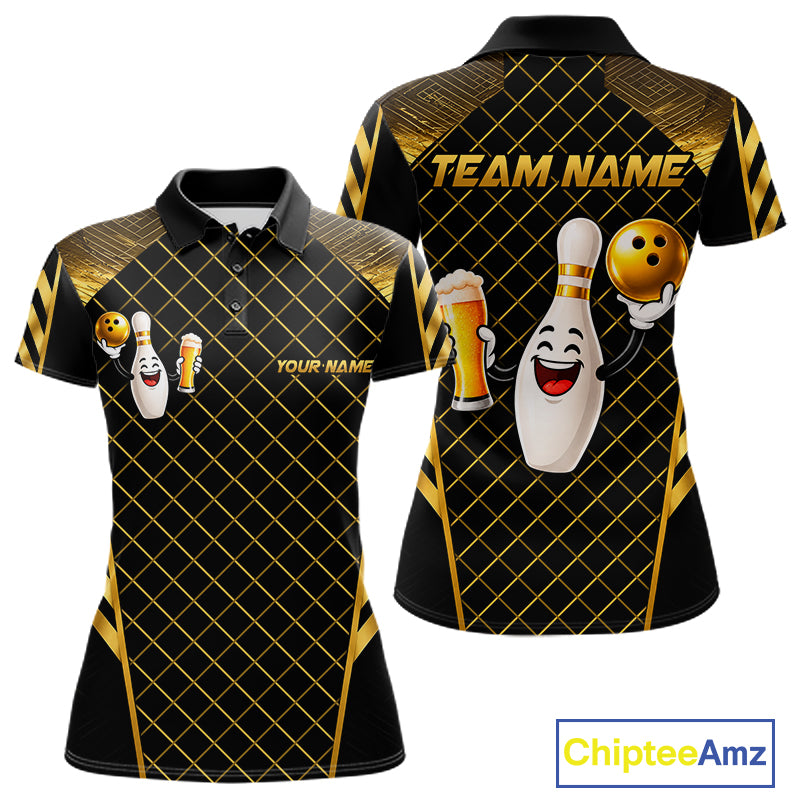 Personalized Funny Beer Bowling Shirt For Men Gold Bowling Pin & Ball Polo 1/4-Zip Team Shirt NYN4506