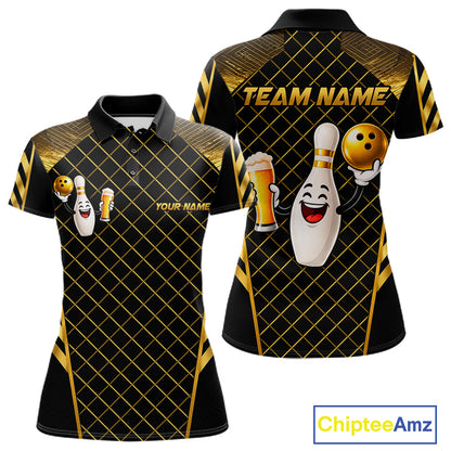 Personalized Funny Beer Bowling Shirt For Men Gold Bowling Pin & Ball Polo 1/4-Zip Team Shirt NYN4506