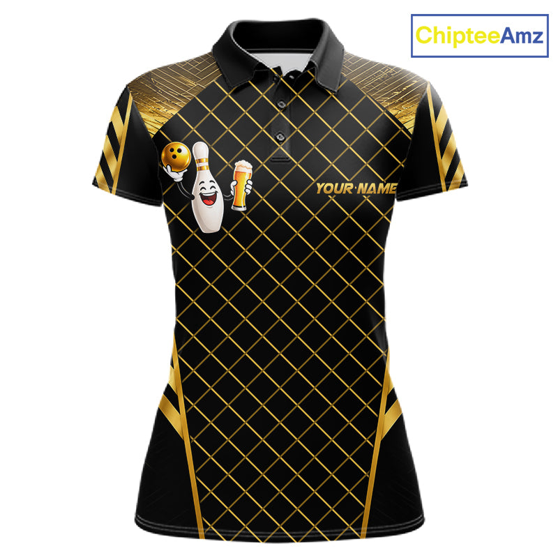 Personalized Funny Beer Bowling Shirt For Men Gold Bowling Pin & Ball Polo 1/4-Zip Team Shirt NYN4506