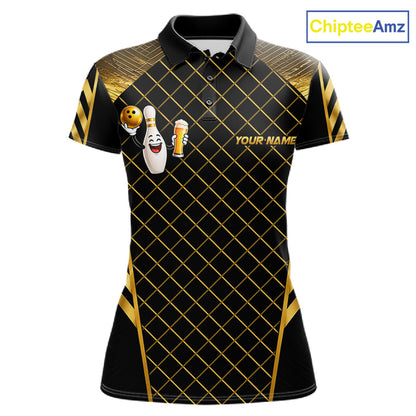 Personalized Funny Beer Bowling Shirt For Men Gold Bowling Pin & Ball Polo 1/4-Zip Team Shirt NYN4506