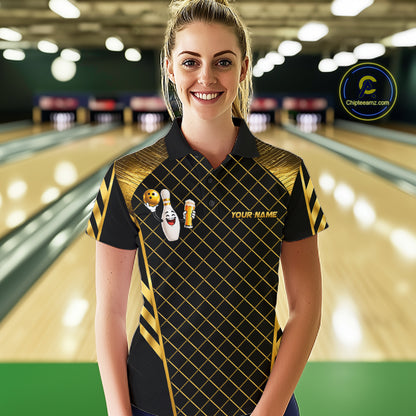Personalized Funny Beer Bowling Shirt For Men Gold Bowling Pin & Ball Polo 1/4-Zip Team Shirt NYN4506