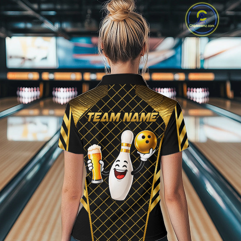 Personalized Funny Beer Bowling Shirt For Men Gold Bowling Pin & Ball Polo 1/4-Zip Team Shirt NYN4506
