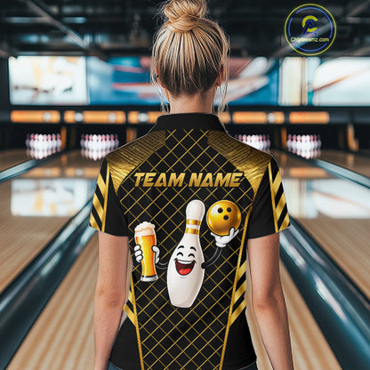 Personalized Funny Beer Bowling Shirt For Men Gold Bowling Pin & Ball Polo 1/4-Zip Team Shirt NYN4506