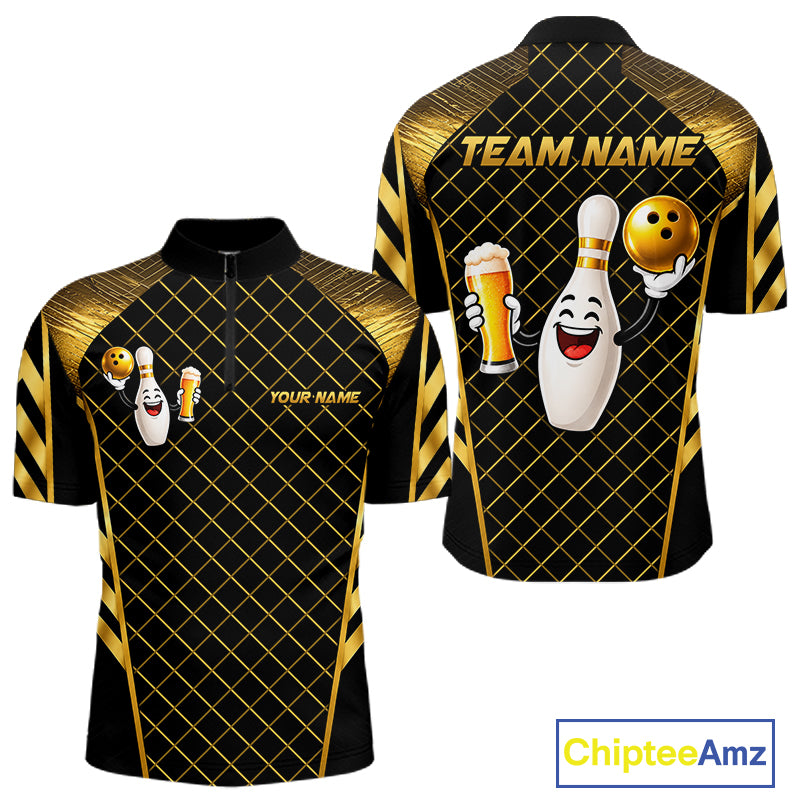 Personalized Funny Beer Bowling Shirt For Women Gold Bowling Pin & Ball Polo 1/4-Zip Team Shirt NYN4506