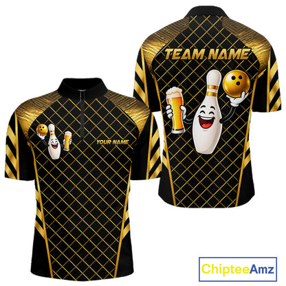 Personalized Funny Beer Bowling Shirt For Women Gold Bowling Pin & Ball Polo 1/4-Zip Team Shirt NYN4506