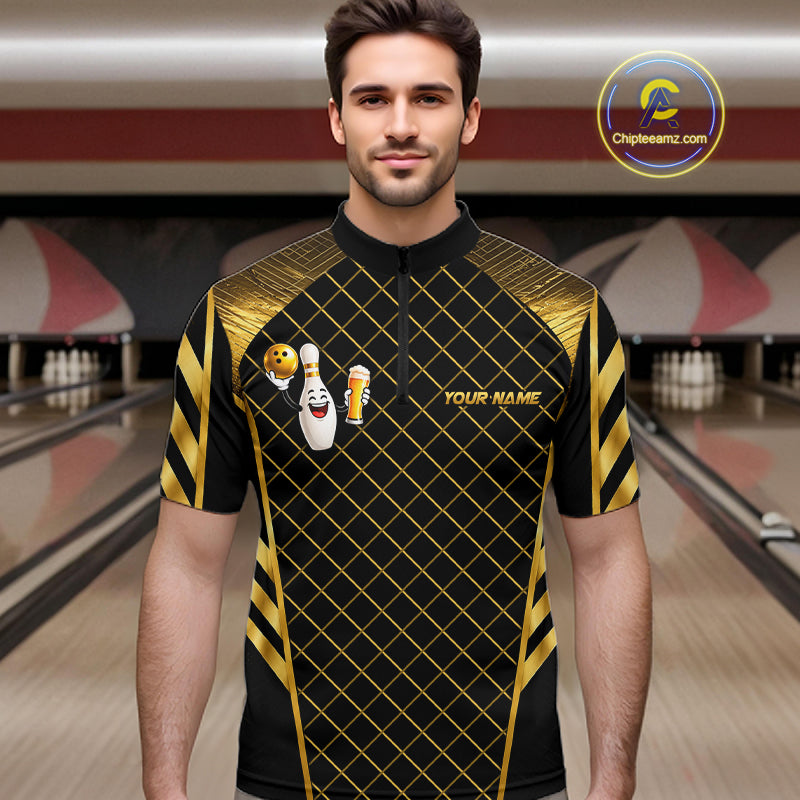 Personalized Funny Beer Bowling Shirt For Women Gold Bowling Pin & Ball Polo 1/4-Zip Team Shirt NYN4506