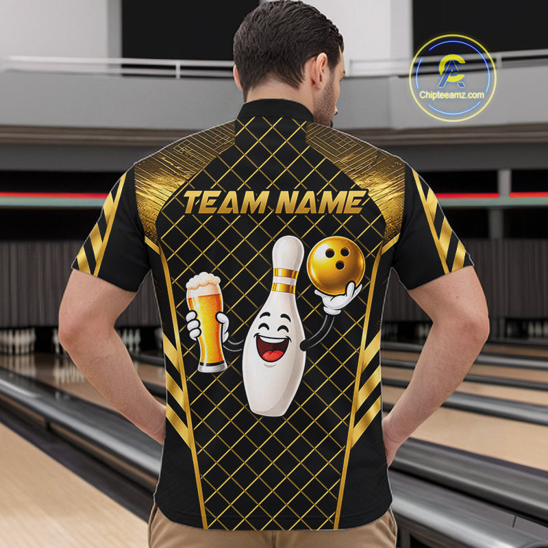 Personalized Funny Beer Bowling Shirt For Women Gold Bowling Pin & Ball Polo 1/4-Zip Team Shirt NYN4506