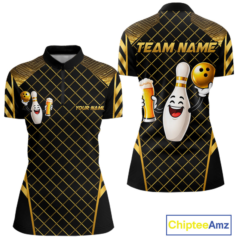 Personalized Funny Beer Bowling Shirt For Men Gold Bowling Pin & Ball Polo 1/4-Zip Team Shirt NYN4506