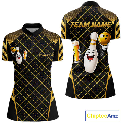 Personalized Funny Beer Bowling Shirt For Men Gold Bowling Pin & Ball Polo 1/4-Zip Team Shirt NYN4506