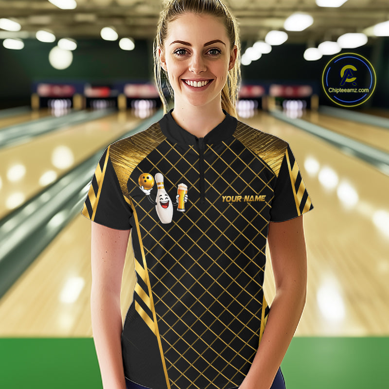 Personalized Funny Beer Bowling Shirt For Men Gold Bowling Pin & Ball Polo 1/4-Zip Team Shirt NYN4506
