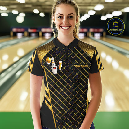 Personalized Funny Beer Bowling Shirt For Men Gold Bowling Pin & Ball Polo 1/4-Zip Team Shirt NYN4506