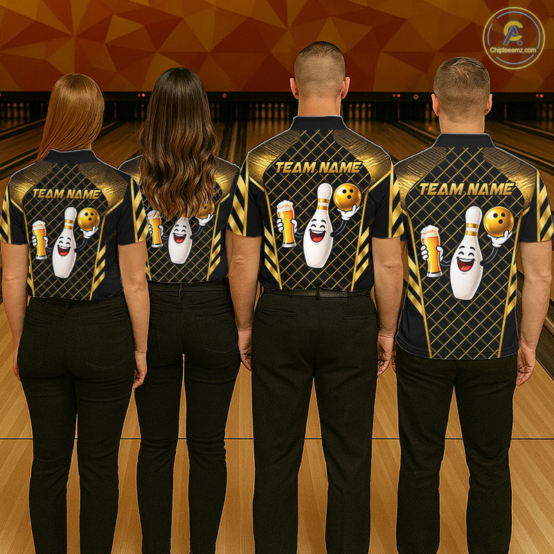 Personalized Funny Beer Bowling Shirt For Women Gold Bowling Pin & Ball Polo 1/4-Zip Team Shirt NYN4506