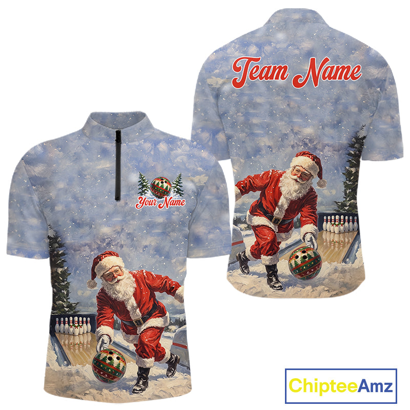 Christmas Bowling Shirt For Women Custom Santa Claus Bowler Snow Xmas Bowling Polo 1/4-Zip Jersey NYN4512